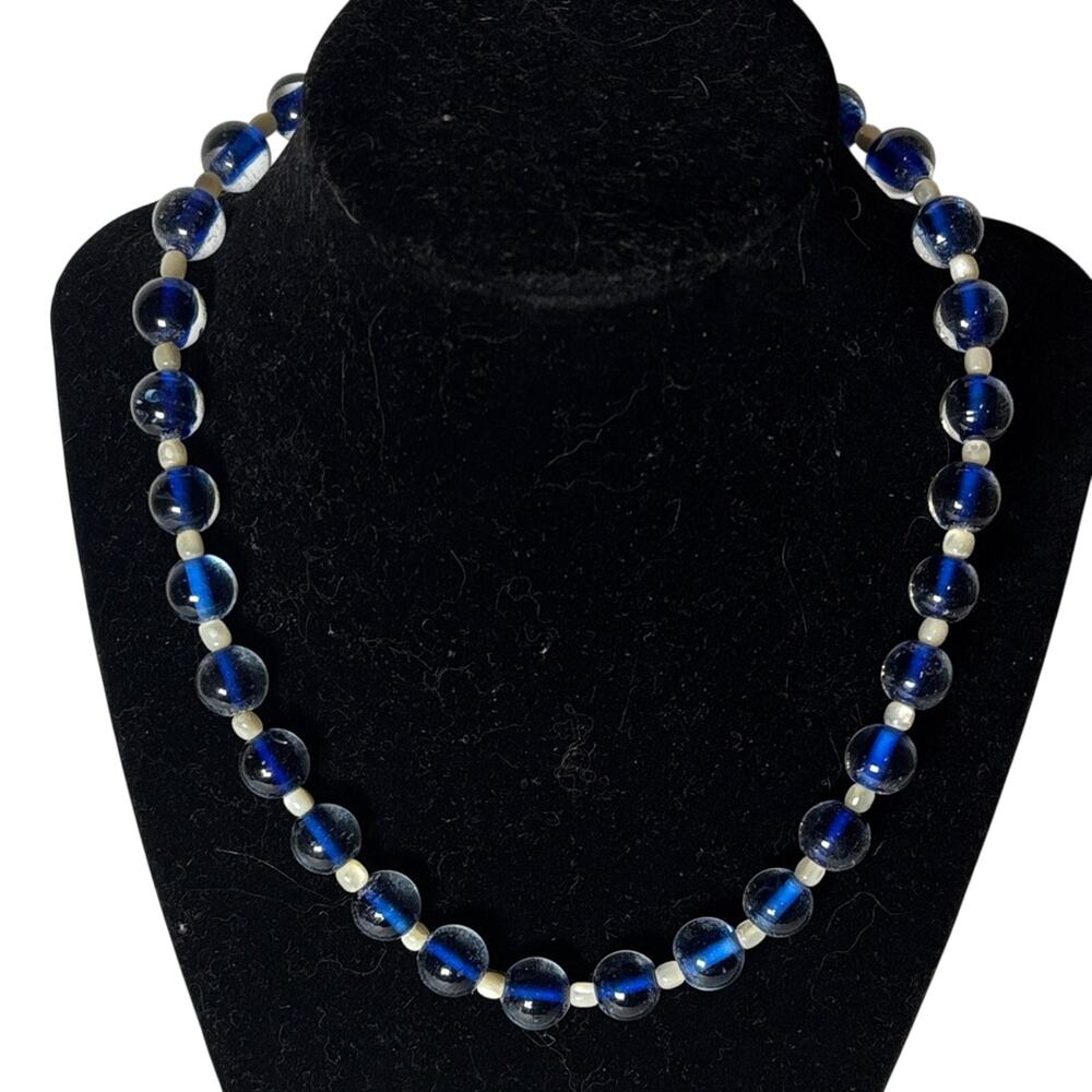 Handmade Cobalt Blue Glass Freshwater Pearl Beaded Necklace 17” Artisan Jewelry
